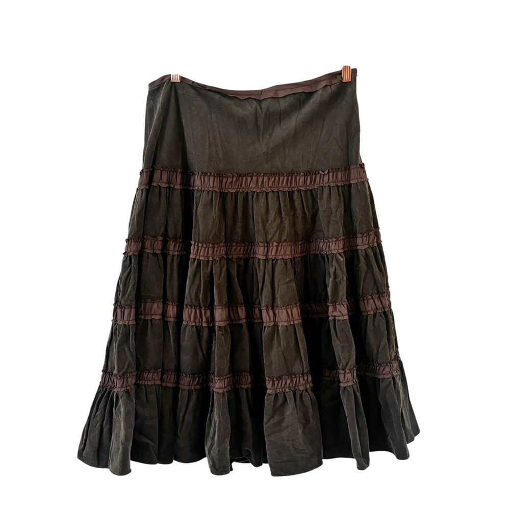 Vintage Womens Brown Corduroy Midi Skirt L Tiered Ruffle Cottage Forest Fairy